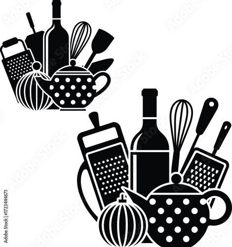 Black kitchen utensils and teapot kitchenware cooking