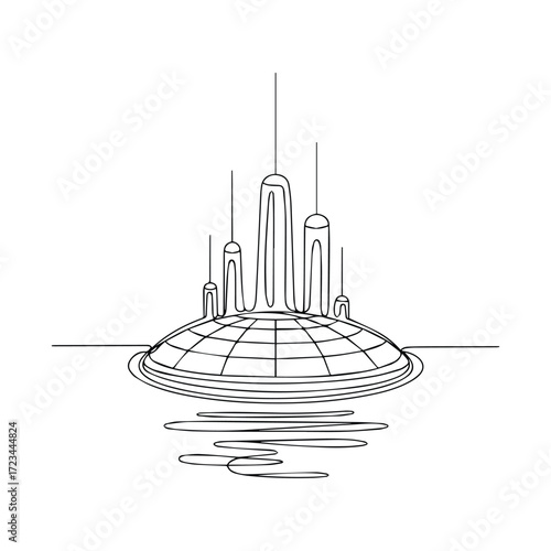 Futuristic cityscape with tall towers reflected in water