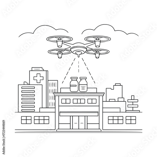 Drones deliver medical supplies to a modern hospital building in a city
