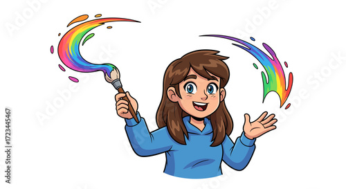Happy female artist holding a paintbrush, conjuring a vibrant rainbow from pure imagination