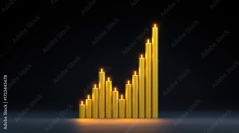 Fototapeta premium Golden Candle Bar Chart Representing Financial Growth and Progress in a Minimalistic Style with a Dark Background and Glowing Candle Tips