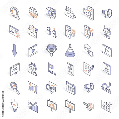 Isometric digital marketing elements representing various online strategies and tools for business growth in modern style.