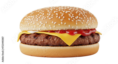 Tableau sur toile Isolated hamburger on sesame seed bun with cheese, ketchup and patty, American s