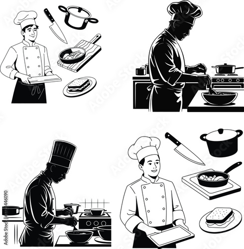 Chefs preparing food with kitchen utensils and dishes