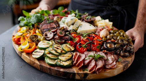 A massive, abundant wooden board styled as an Italian antipasto platter. It features an array of grilled vegetables