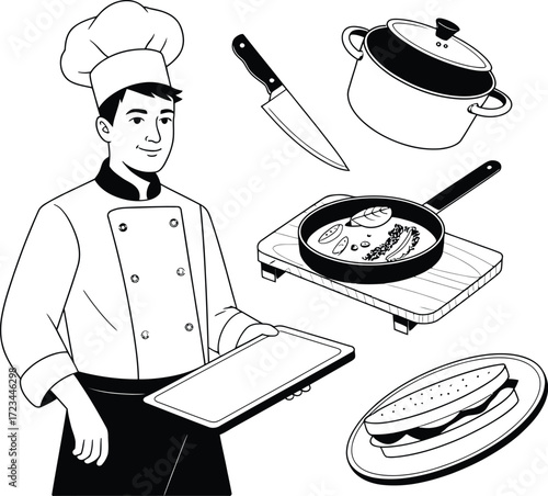 Chef with cooking utensils and food kitchen