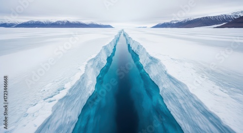 Vast Frozen Landscape With A Deep Blue Ice Crack Revealing Water Below