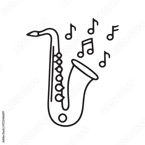 Saxophone line icon vector. Simple outline symbol for jazz and blues music. Minimalist brass instrument glyph for band, concert, and orchestra design.

