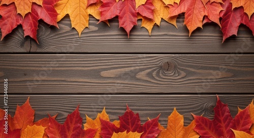 Autumn Leaves Frame a Rustic Wooden Background Season Scene