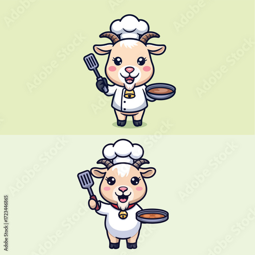 Cute goat chef holding spatula and pan cooking