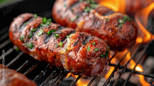 A links of fresh, raw chorizo sausages arranged on a grill grate over intense flames