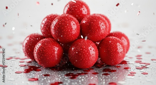 Festive Red Spheres with Sparkling Confetti Decorations