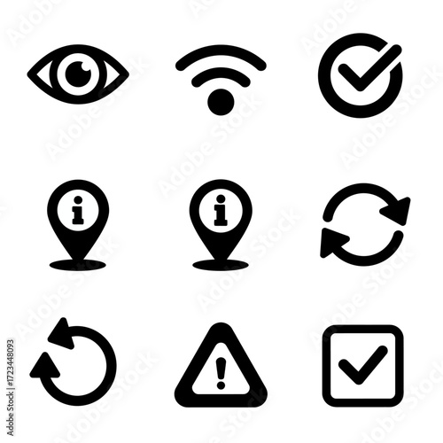 Set of 9 Black Glyph Icons Eye Wi Fi Checkmark Info GPS Refresh Warning UI UX