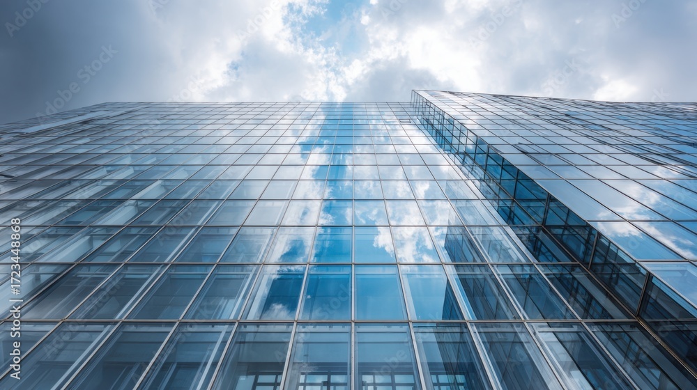 Fototapeta premium Modern Glass Facade of High-Rise Building with Reflections Under Dramatic Sky