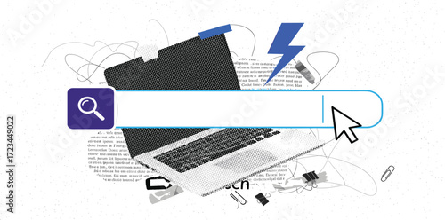 Conceptual digital search Laptop and search bar illustration, ideal for online research