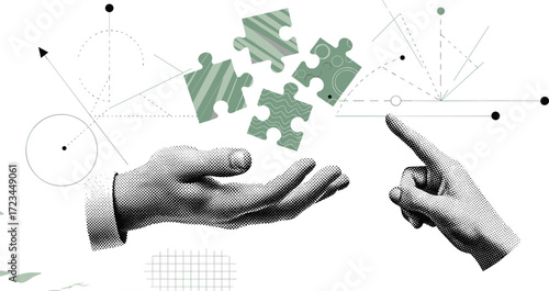 Abstract representation of synergy and integration, with hands facilitating the assembly of puzzle pieces to achieve shared goals and overcome complex obstacles