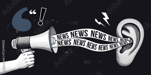 Megaphone broadcasting news into a listening ear, symbolizing public communication, media, and the dissemination of important information and updates