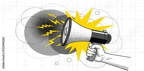 Illustration of a Person Holding a Megaphone with Dynamic Sound Waves
