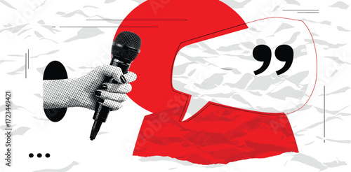 Speaking Up Hand Holding Microphone Emerges from Speech Bubble for Public Discourse