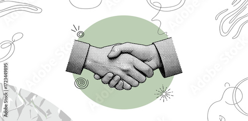 Modern graphic illustration of a professional handshake, symbolizing successful business agreements, strong partnerships, and building trust and collaboration in a contemporary design