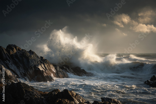 A stormy coastline scene with waves smashing against rocks, storm clouds looming overhead, and dramatic ocean spray filling the air.