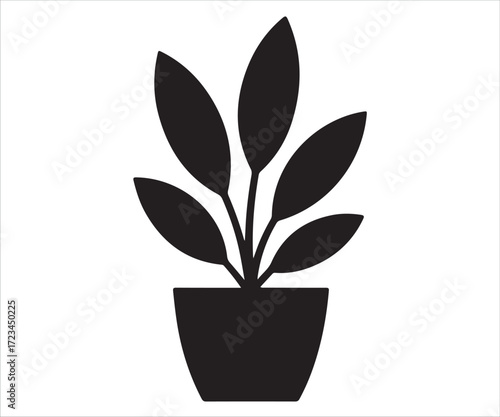 Black silhouette illustration of indoor potted plant with leaves, concept for home decoration, gardening, eco-friendly lifestyle, nature design, houseplant care, botanical element, floral decoration a