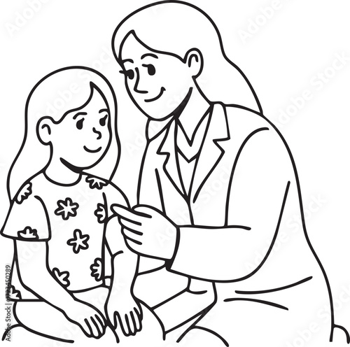 Line art vector illustration of a European girl receiving a vaccination. Concept of healthcare, immunization, disease prevention, and childhood medical care for public health awareness.
