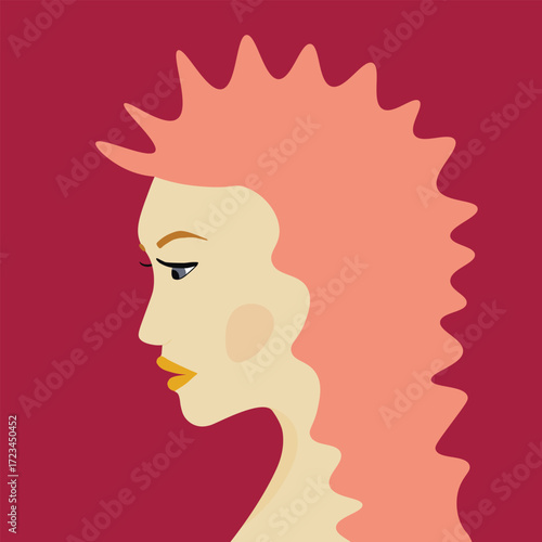 Portrait of a fashion woman. The head in profile of a European brunette woman. Face of girl. Flat design for for landing page, banner, social Media Avatar. Color vector illustration.