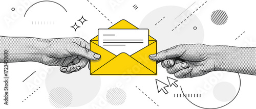 Abstract illustration of two hands exchanging a vibrant yellow envelope, symbolizing seamless communication, secure message delivery, and information transfer