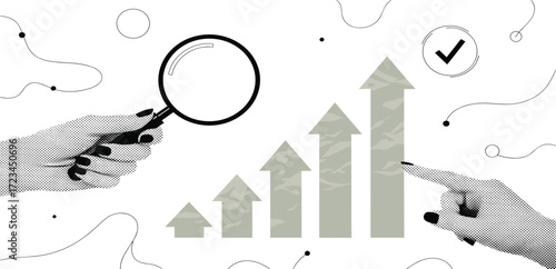 Business Growth and Financial Analysis Concepts represented by Magnifying Glass and Upward Trending Arrows