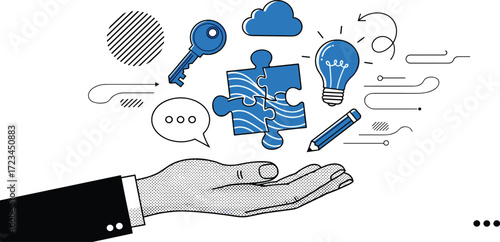 Illustrative hand presenting a synergy of abstract concepts, symbolizing creative solutions, strategic thinking, innovation, and problem-solving for business and idea generation