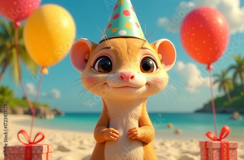 A cute ferret sits with a gift among balloons. Holiday card, illustration for a children's book.