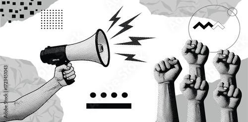 Powerful graphic illustration of a hand with a megaphone and raised fists, symbolizing public protest, collective activism, and the urgent call for social justice
