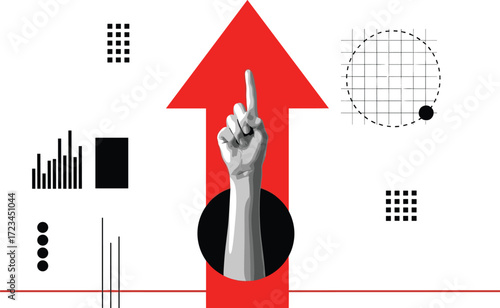 Abstract graphic with a raised finger pointing upwards on a red arrow, symbolizing growth, success, and achievement