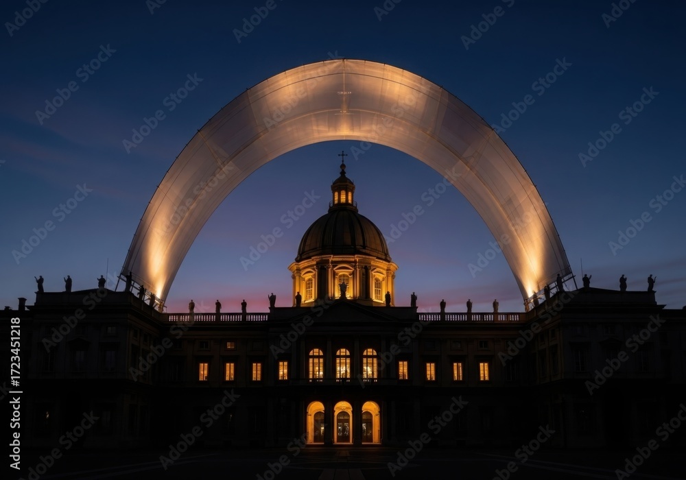 Fototapeta premium Majestic dome building illuminated at dusk with dramatic arching light display