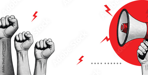 Protest and activism concept with raised fists and a megaphone symbolizing revolution and social demonstration on a white background