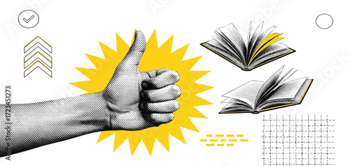 Success in learning and reading concept. A collage showing a thumbs-up sign of approval with open books and abstract graphic elements