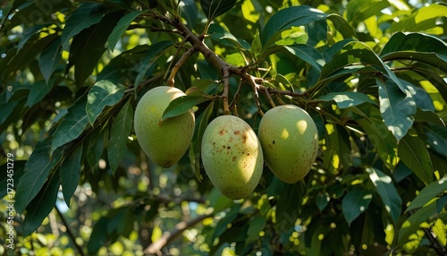 Three unripe, light-green mangoes hang from a branch, dappled with sunlight and shadows amidst lush, deep-green foliage.