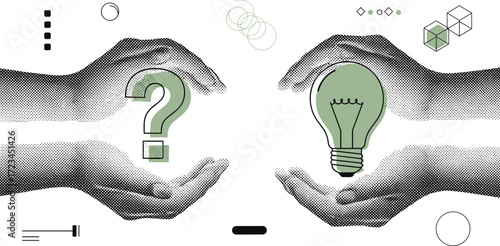 Creative problem solving process concept with hands protecting a question mark and an innovative lightbulb idea