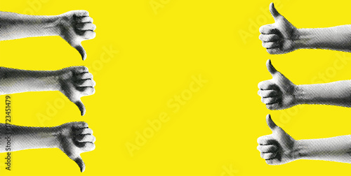 A conceptual image showing the duality of opinion with thumbs up and thumbs down hand gestures on a yellow background