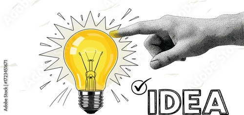 Conceptual illustration of a new creative idea, with a hand pointing to a glowing lightbulb. A symbol of innovation, inspiration, and finding a solution