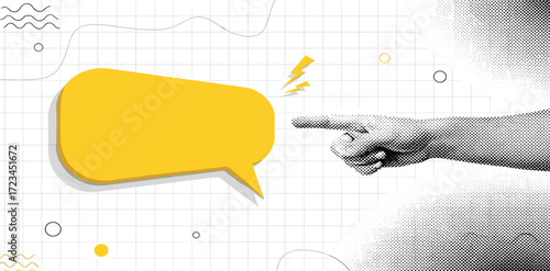 A powerful statement concept with a pointing finger directing attention to a blank yellow message bubble on a modern graphic background