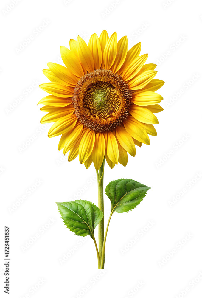 Fototapeta premium Detailed Sunflower Portrait with Petals, Seeds, Stem, and Leaves on White Background