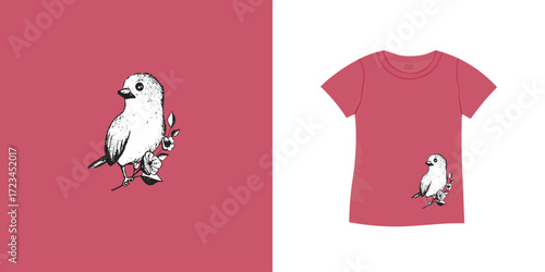 T-shirt with bird pattern. Women jersey, sport uniform kit, short fashion top, round neck blouse. Sketch Illustration. Template mock up.