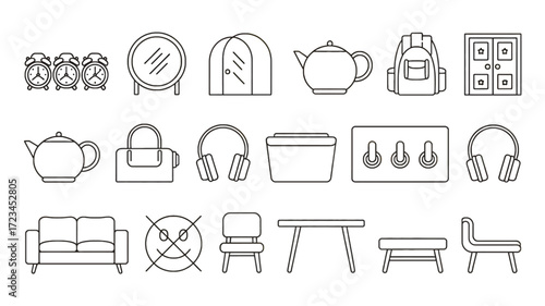Collection of various household objects and furniture items depicted in a simple line drawing silhouette style for easy recognition and use