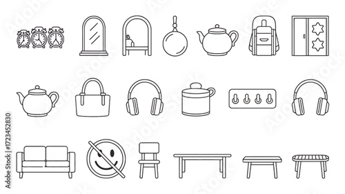 Collection of hand drawn sketch icons representing various household furniture and objects in a simple line art silhouette