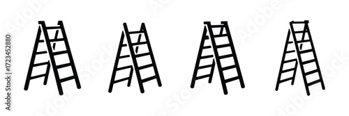 Four black step ladders in a row on a white background, isolated on white background
