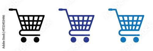 Three shopping cart icons in black and blue on a white background, representing online shopping and ecommerce