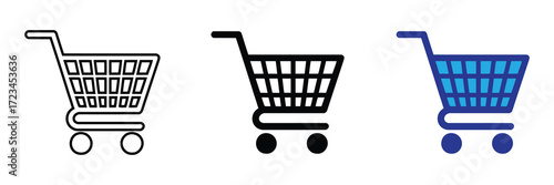 Collection of three shopping cart icons in different styles outline, solid black, and blue, isolated on white background