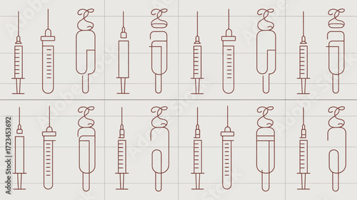 Pattern of stylized brown line art medical syringes and iv bags on a white tiled background surface